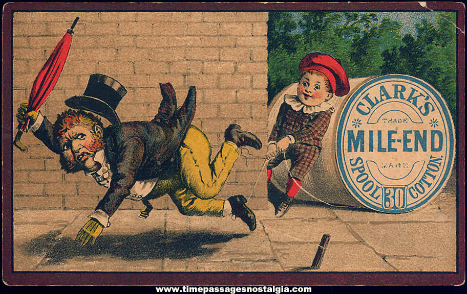 Colorful Old Clark’s Mile End Spool Cotton Thread Advertising Premium Victorian Trade Card