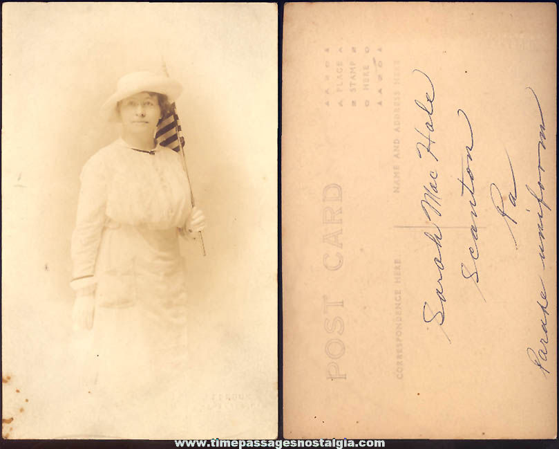 Early 1900s Scranton Pennsylvania Woman With American Flag Real Photo Post Card