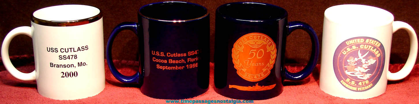 (4) Different United States Navy U.S.S. Cutlass SS-478 Ceramic or Porcelain Submarine Advertising Coffee Cups