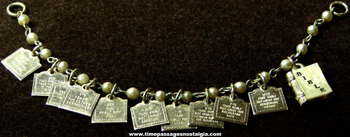 Old Catholic or Christian Ten Commandments & Bible Religious Charm Bracelet