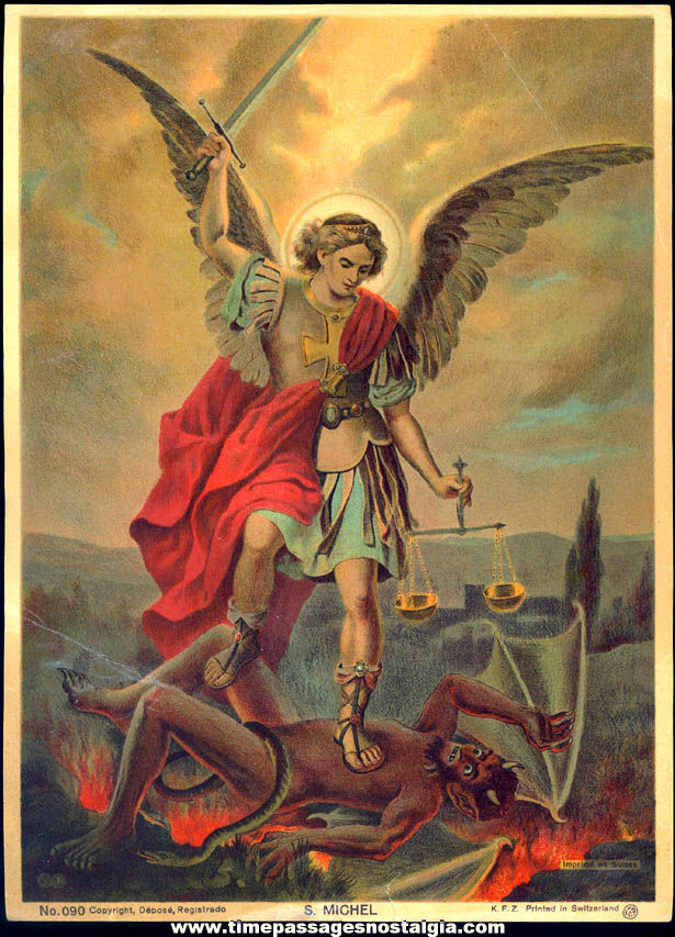 Colorful Old Saint Michael Angel and Devil Religious Swiss Print