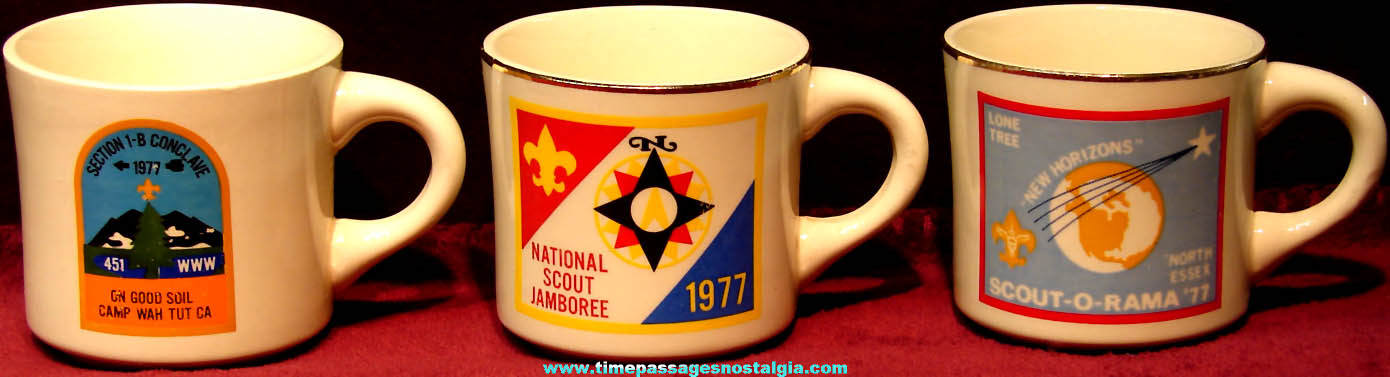 (3) Different 1977 Boy Scouts Advertising Ceramic Coffee Cups