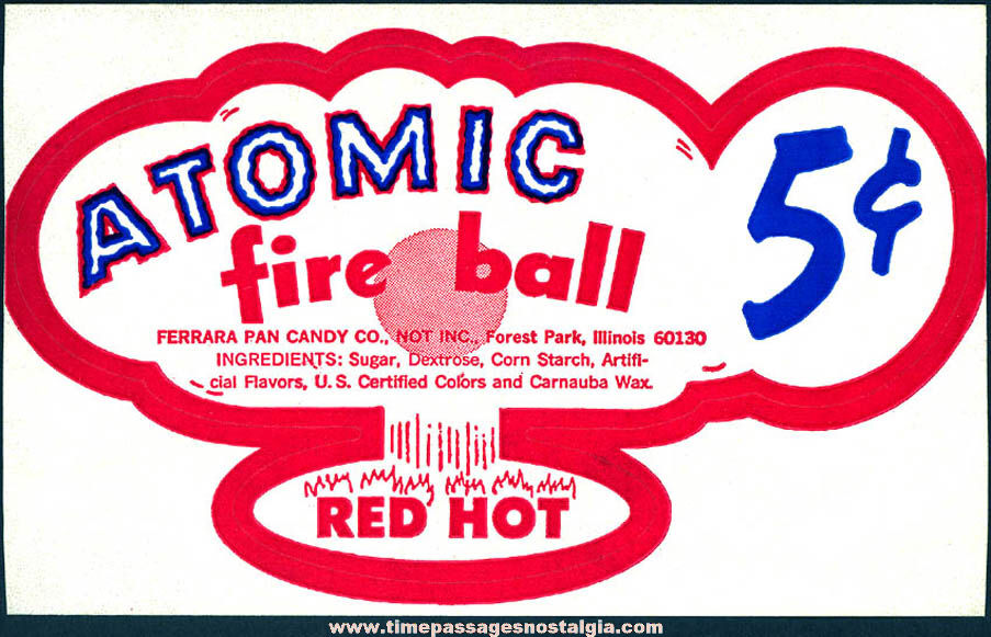Old Unused 5 Cent Atomic Fire Ball Candy Store Counter Jar Advertising Sticker