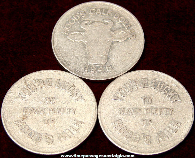 (3) 1948 Hood Calf Dollar Milk Advertising Premium Lucky Token Coins