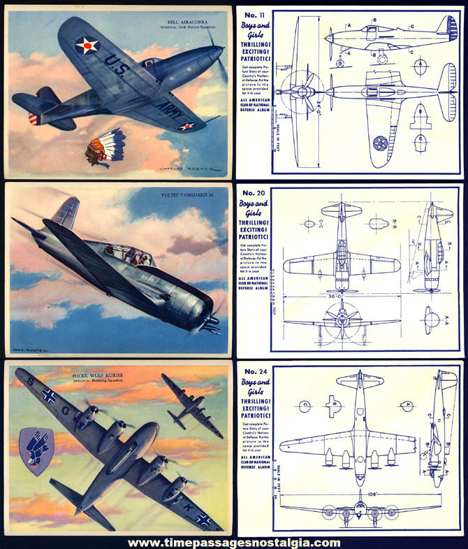 (3) Different Colorful 1939 Charles Rosner World War II War Plane Trading Card Pictures