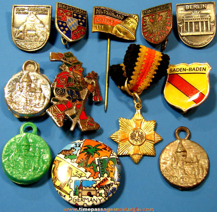 (12) Different Small Old Germany Advertising and Souvenir Pins and Charms