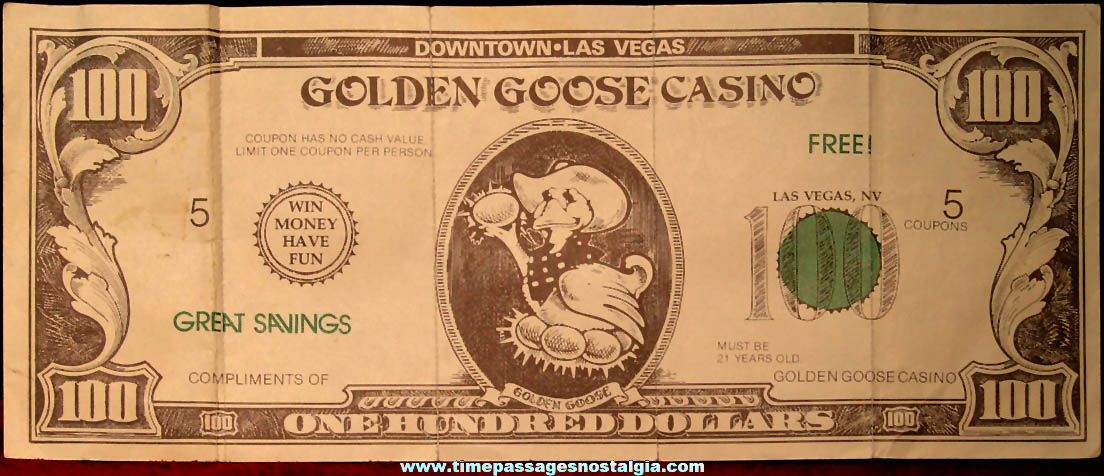 Old Golden Goose Casino Las Vegas Nevada Advertising $100 Coupon Bill