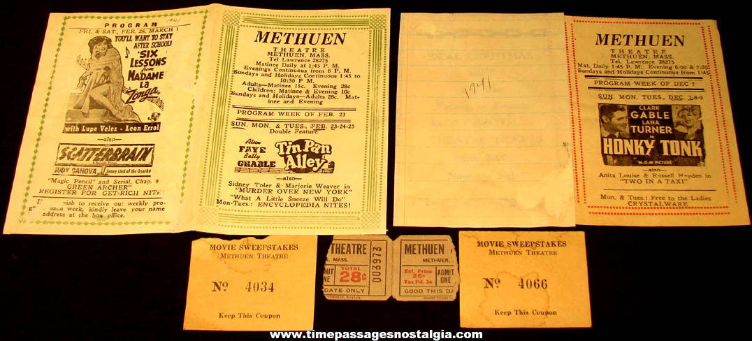 (2) Different 1940 & 1941 Methuen Massachusetts Movie Theater Schedules with (4) Ticket Stubs