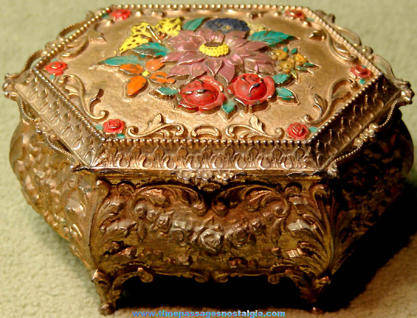 Old Ornate Metal Jewelry or Trinket Box With Flowers