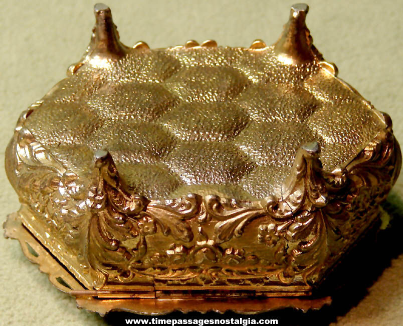 Old Ornate Metal Jewelry or Trinket Box With Flowers