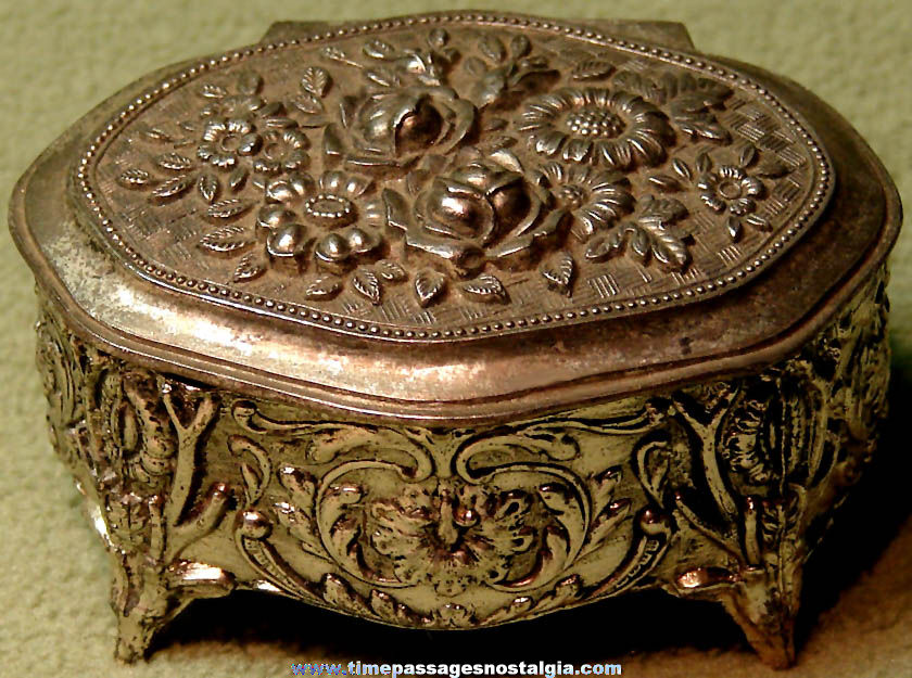 Old Ornate Metal Jewelry or Trinket Box With Flowers