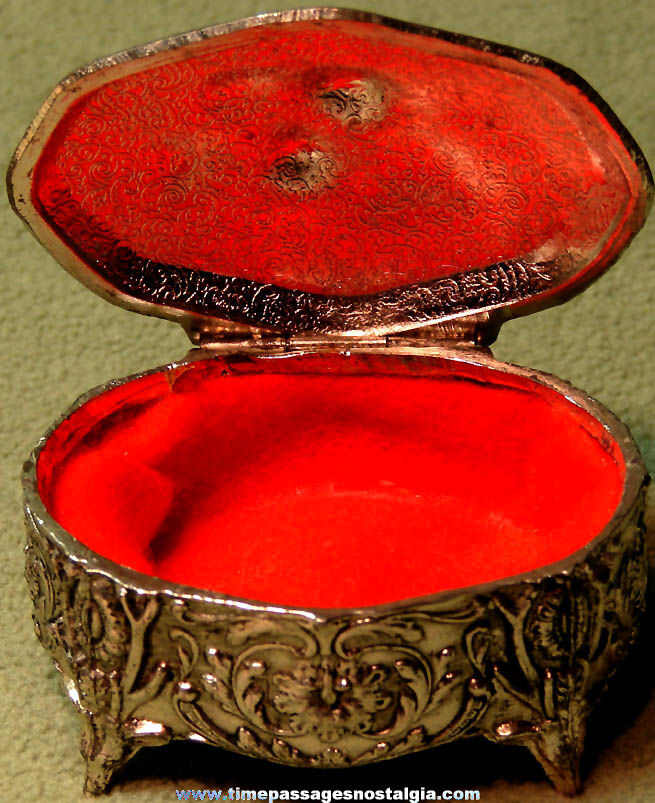 Old Ornate Metal Jewelry or Trinket Box With Flowers