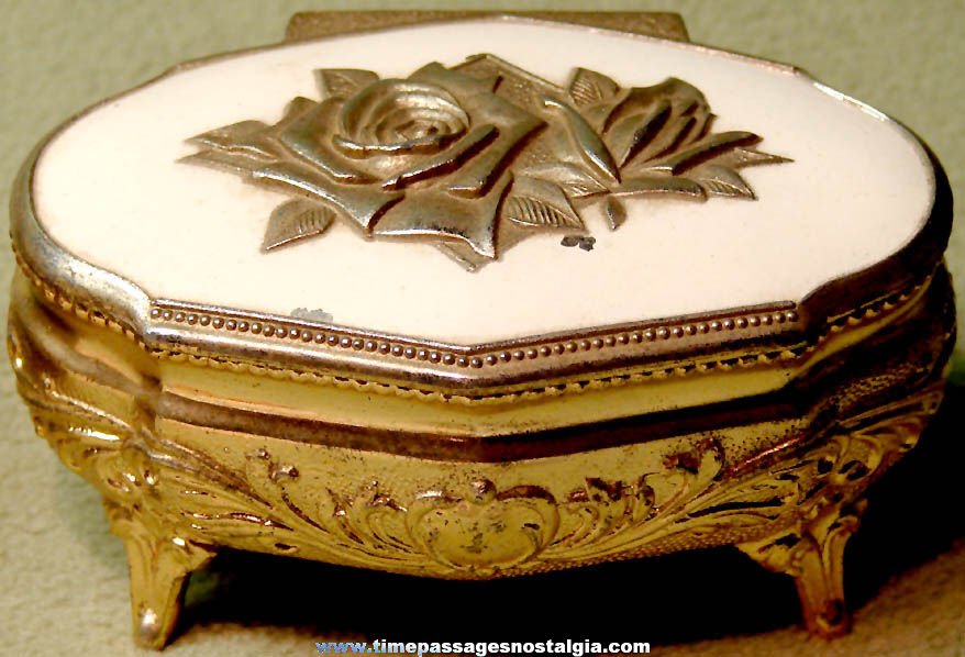 Old Ornate Metal Jewelry or Trinket Box With Flowers