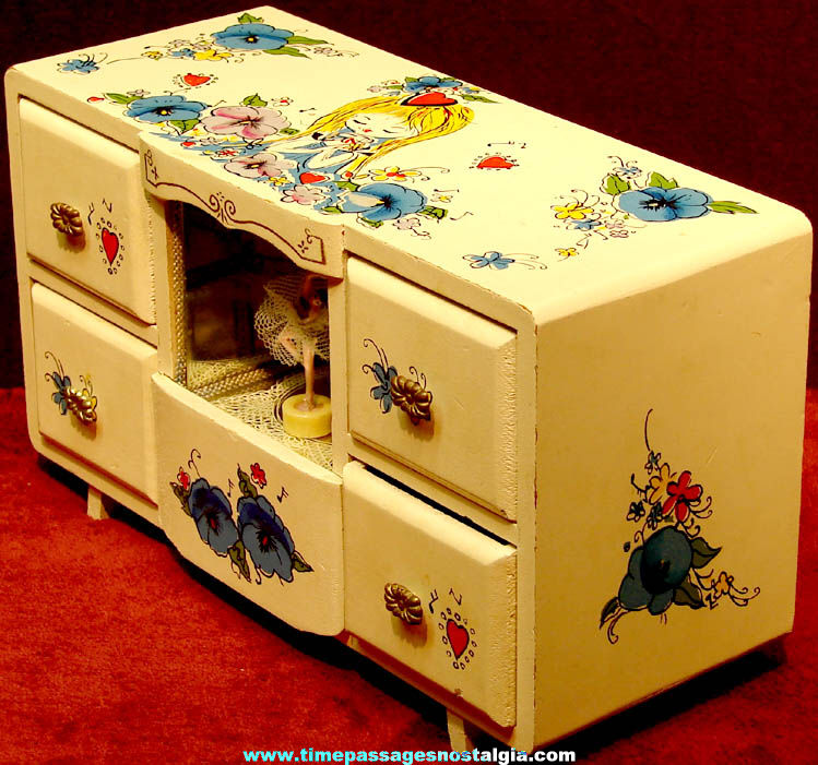 Old Painted Wooden Musical Jewelry Box With Mirrors and Dancing Ballerina Figure