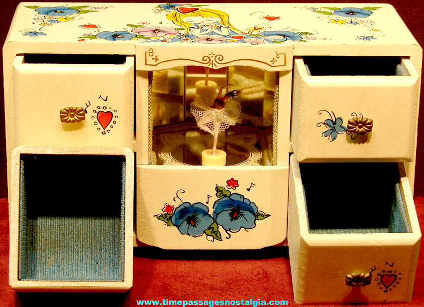 Old Painted Wooden Musical Jewelry Box With Mirrors and Dancing Ballerina Figure