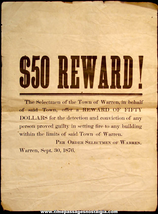 1876 Town of Warren New Hampshire Arson Fire Reward Poster