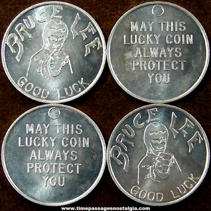 (4) Old Bruce Lee Character Metal Good Luck Token Coins