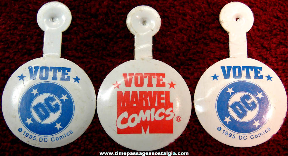 (3) Unused 1995 Marvel & DC Comics VOTE Tin Tab Buttons