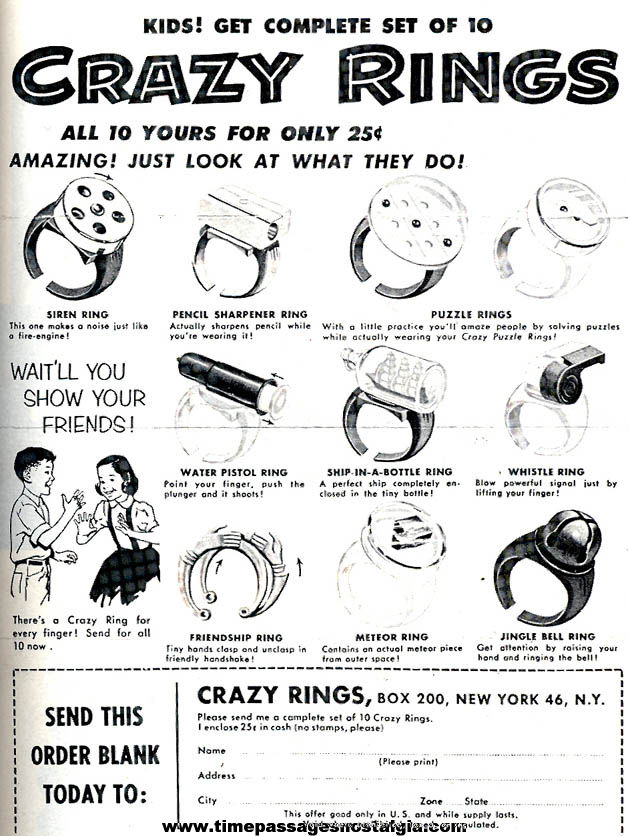 Set of (10) 1957 Quaker Cereal Premium Toy Crazy Rings With Mailer
