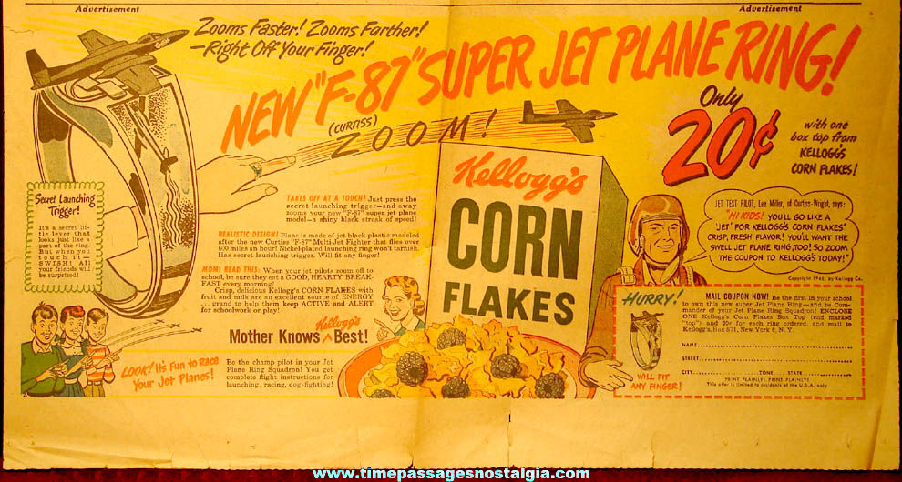 1948 Kellogg’s Corn Flakes Cereal Premium F-87 Curtiss Super Jet Plane Toy Ring Advertisement