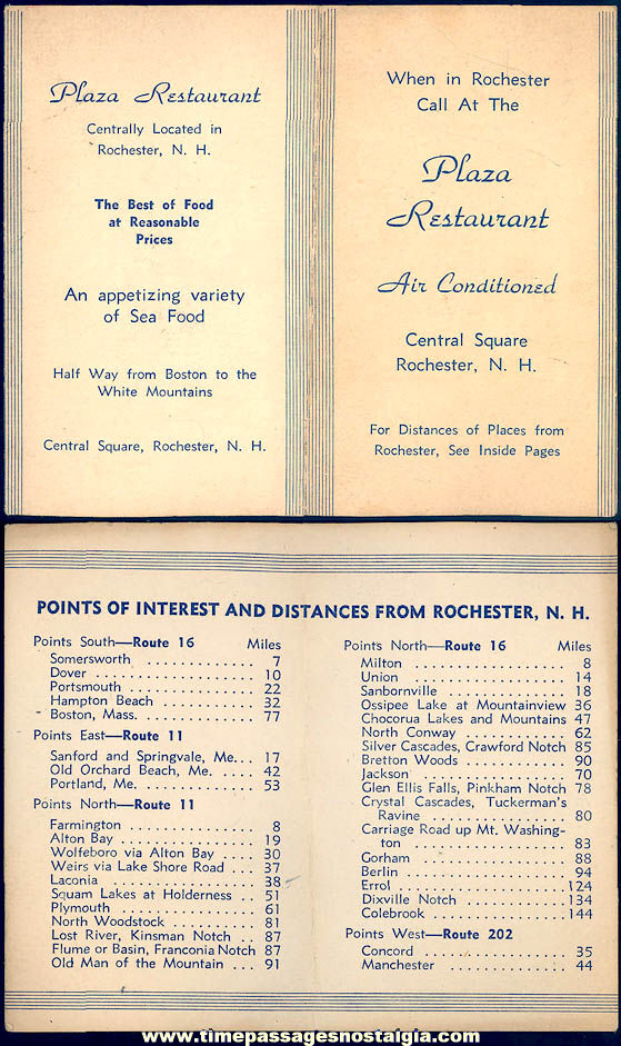 Old Plaza Restaurant Rochester New Hampshire Advertising & Mileage Card