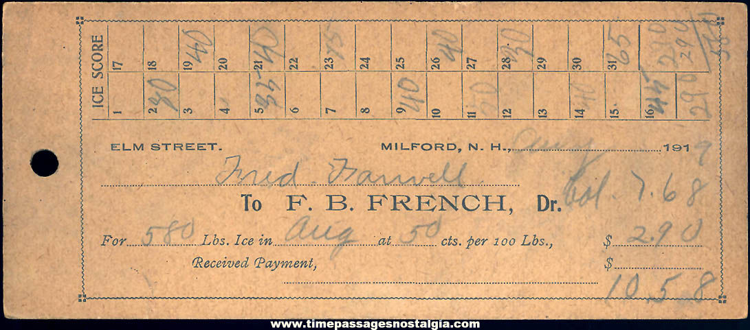 August 1919 F. B. French Milford New Hampshire Ice Box Ice Delivery Score Card Receipt
