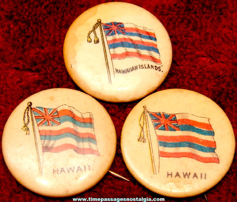 (3) 1896 Cigarette Advertising Premium Hawaii Country Flag Celluloid Pin Back Buttons