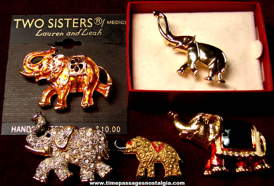 (5) Different Small Metal Elephant Animal Jewelry Pins with Stones