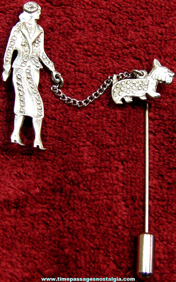 Old Metal Lady and Scottish Terrier Scottie Dog Two Part Jewelry Stick Pin