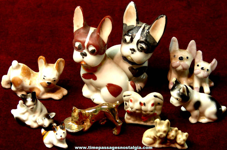 (9) Different Old Porcelain or Ceramic Boston Terrier Dog Figures or Figurines