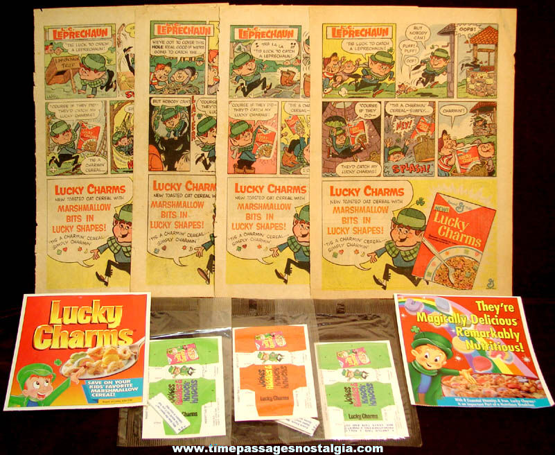 (9) Old General Mills Lucky Charms Leprechaun Advertising and Unopened Cereal Prize Toys