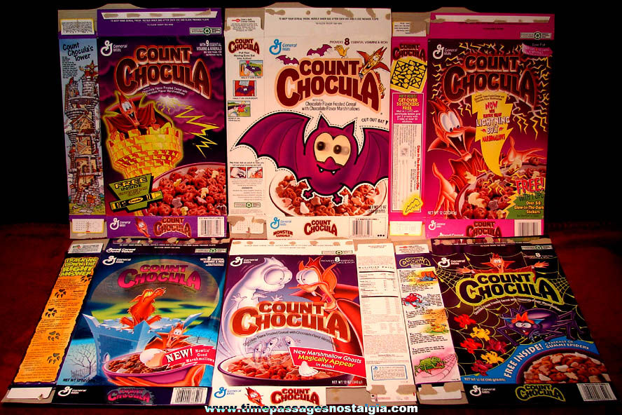 (6) Different Colorful 1990s General Mills Count Chocula Advertising Cereal Boxes