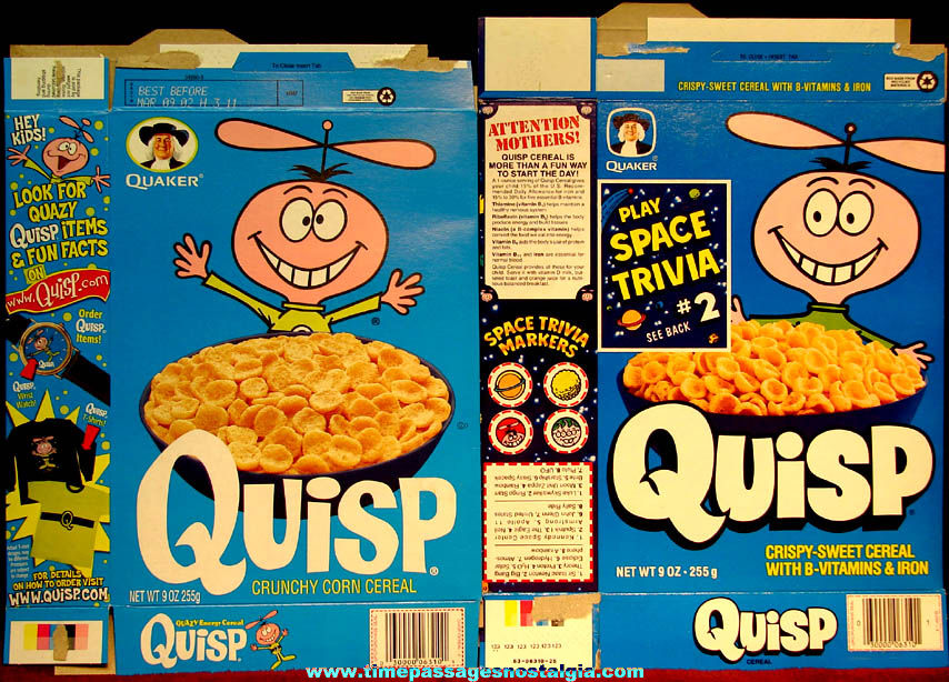 (2) Different Colorful Old Quaker Oats Quisp Advertising Cereal Boxes