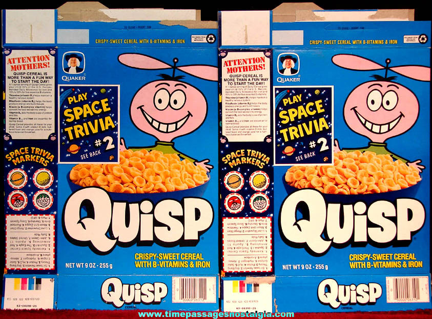 (2) Colorful ©1991 Quaker Oats Quisp Advertising Cereal Boxes