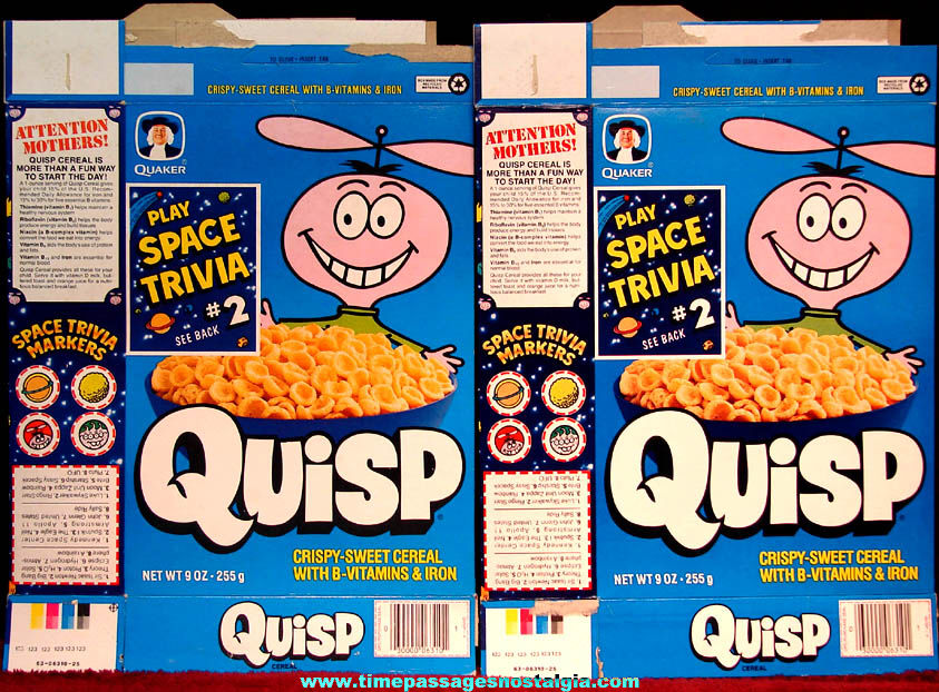 (2) Colorful 1991 Quaker Oats Quisp Advertising Cereal Boxes