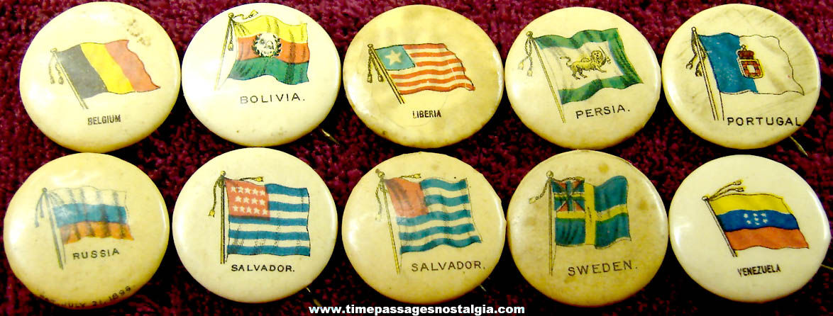 (10) 1896 Cigarette or Tobacco Advertising Premium Country Flag Celluloid Pin Back Buttons