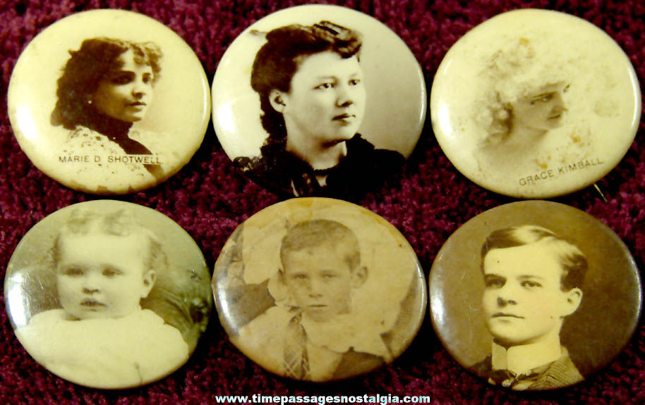 (6) Different Old Celluloid Photograph Pin Back Buttons