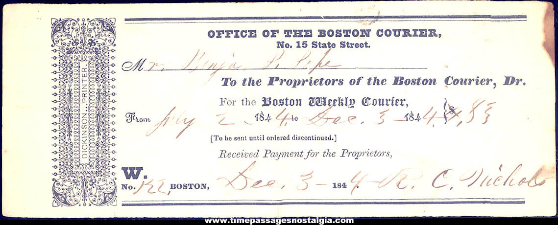 1844 Boston Weekly Courier Newspaper Subscription Receipt