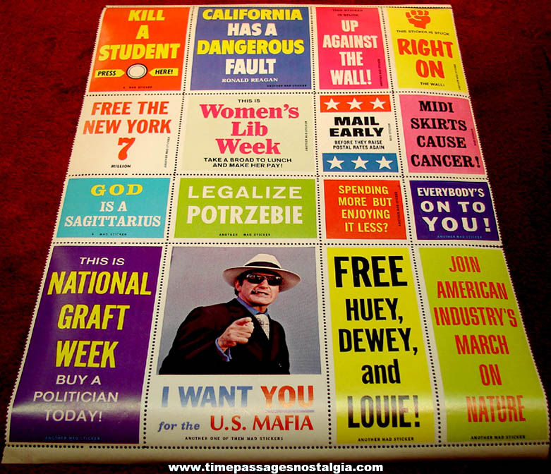 Colorful Sheet of (16) Unused Humorous 1970s Mad Magazine Stickers