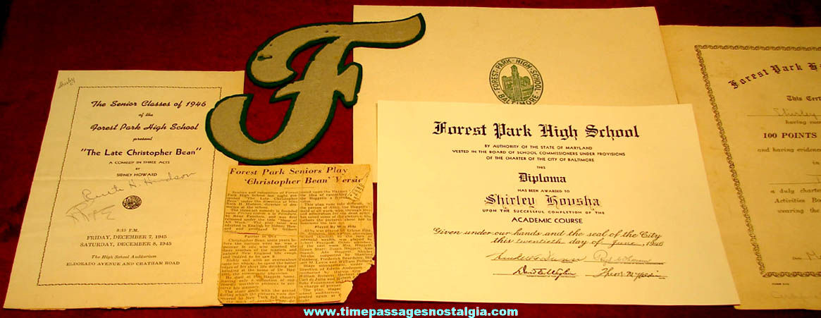 (8) 1945 & 1946 Forest Park High School Baltimore Maryland Items