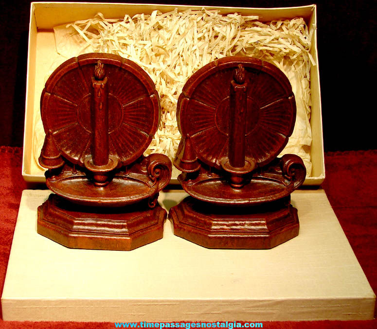 Set of (2) Unused & Boxed Fancy Old Syroco Wood Candle Holder Book Ends