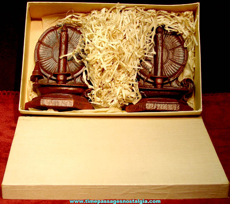 Set of (2) Unused & Boxed Fancy Old Syroco Wood Candle Holder Book Ends