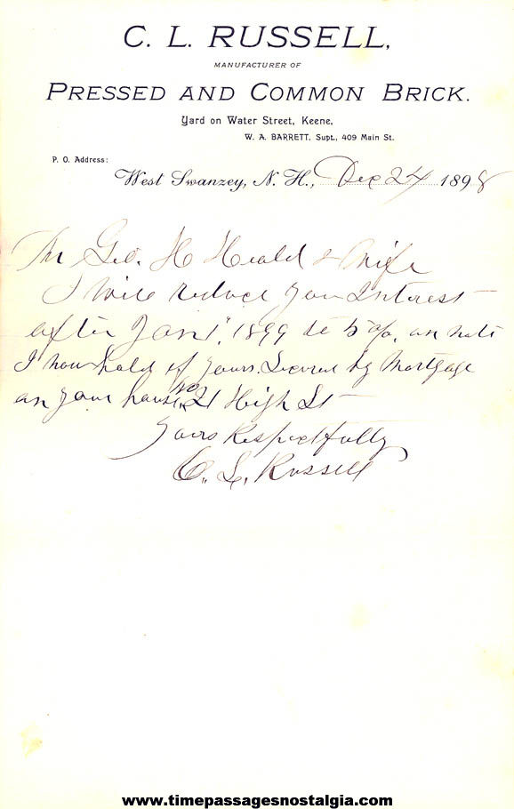 1898 Keene New Hampshire Brick Manufacturer Envelope with Signed Letter