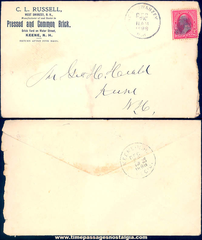 1898 Keene New Hampshire Brick Manufacturer Envelope with Signed Letter