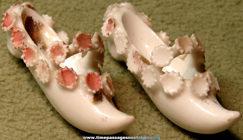 (2) Small Old Miniature Porcelain Shoes with Flowers