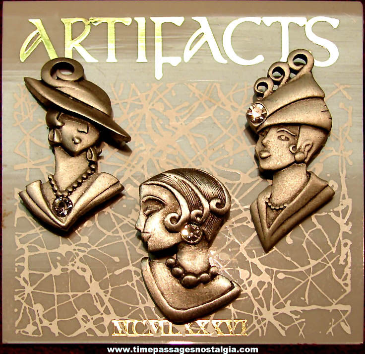 (3) Different Unused 1986 Carded Art Deco Lady Bust JJ Jonette Jewelry Pins with Stones