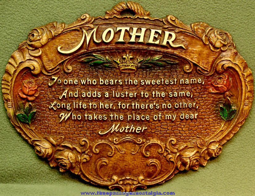 Old Molded & Painted Syroco Wood Mother Plaque with Poem