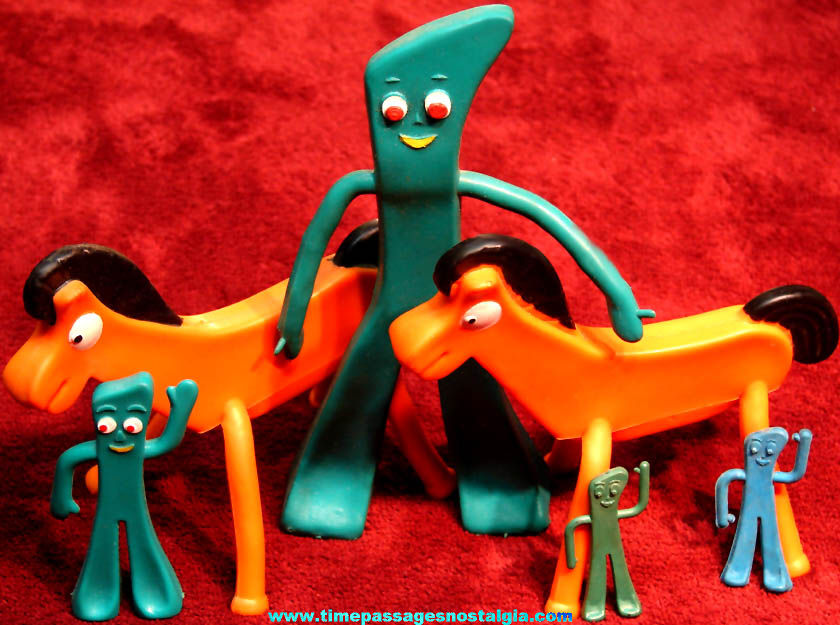 (6) Small Old Gumby Claymation Character Toy Items