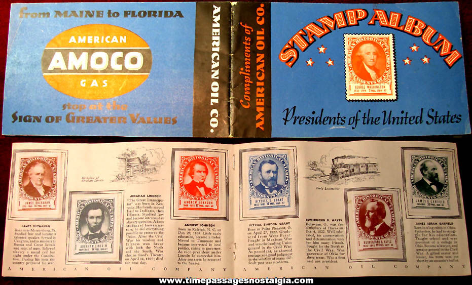 1936 Amoco Gas Station Advertising Premium Presidents of The United States Stamp Album With Stamps