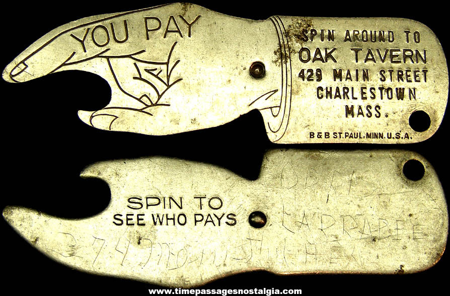Old Metal Oak Tavern Charlestown Massachusetts Advertising Premium You Pay Spinner Bottle Opener